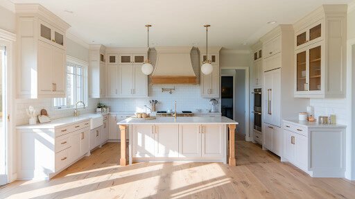Light hardwood floors in farmhouse style kitchen