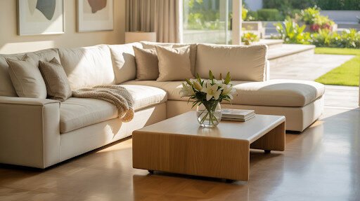 Natural hardwood floors in sunny living room
