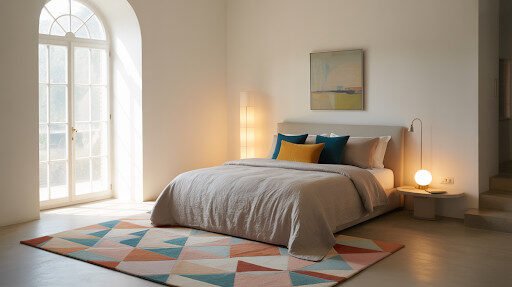 Geometric patterned rug enhances the beauty of hardwood floors in bedroom