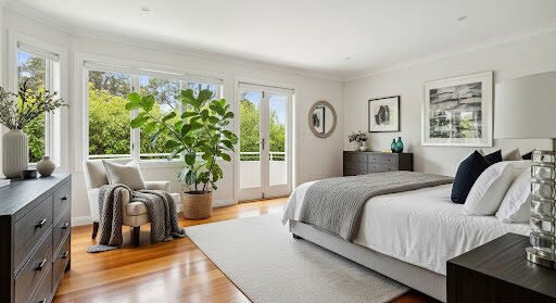 Hardwood floors add warmth to bedroom