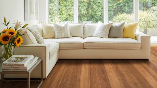 Wide plank hardwood floors in bright living room