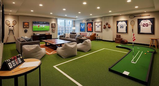 Artificial grass floors in sports focused mancave