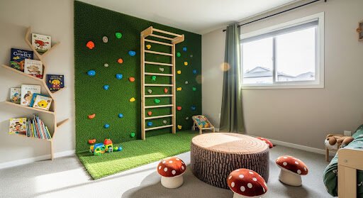 Artificial grass wall application in playroom - climbing wall