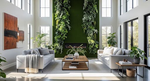 Above the fireplace artificial grass wall design