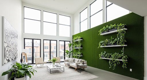 Large living room with an artificial grass accent wall