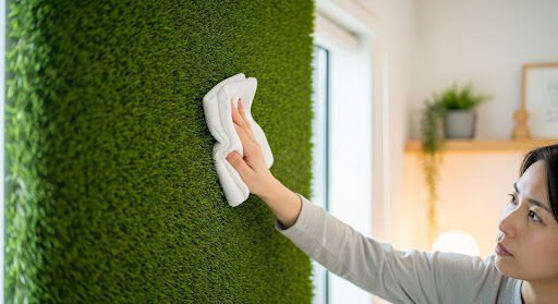Woman cleaning and artificial grass wall application