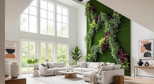 Artificial grass wall ornament in high ceiling living room